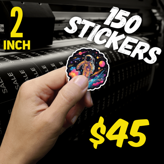 150 2" Stickers.  hand holding a custom printing sticker custom sticker printing best custom sticker printing