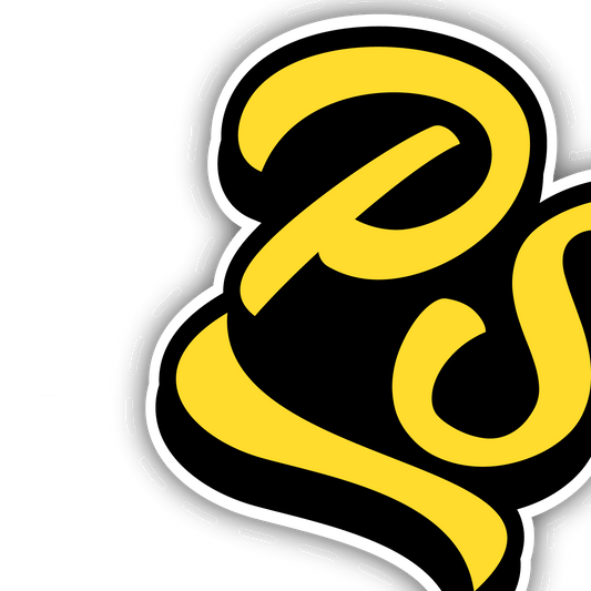 Abstract yellow and black design with bold lettering, representing custom sticker printing.
