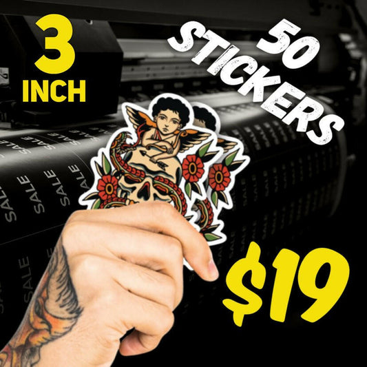 A tattooed hand holding a colorful sticker with an angel, skull, and roses design in front of a printing machine background. Large bold text reads "3 INCH 50 STICKERS $19," highlighting a custom sticker printing offer.