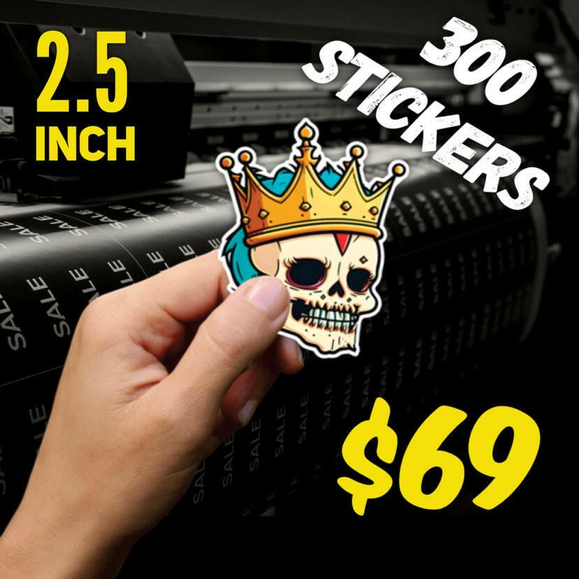 300 2.5" Stickers. hand holding a custom printing sticker
